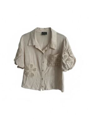 Neutral Crochet-Patch Button-Down Blouse